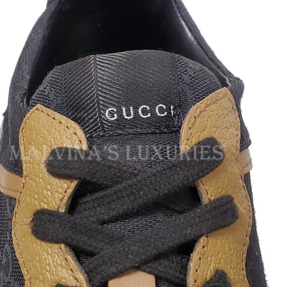 GUCCI SNEAKERS MENS RHYTON BLACK GG SUPREME BROWN LEATHER SHOES sz 8 8.5 - Picture 10 of 16